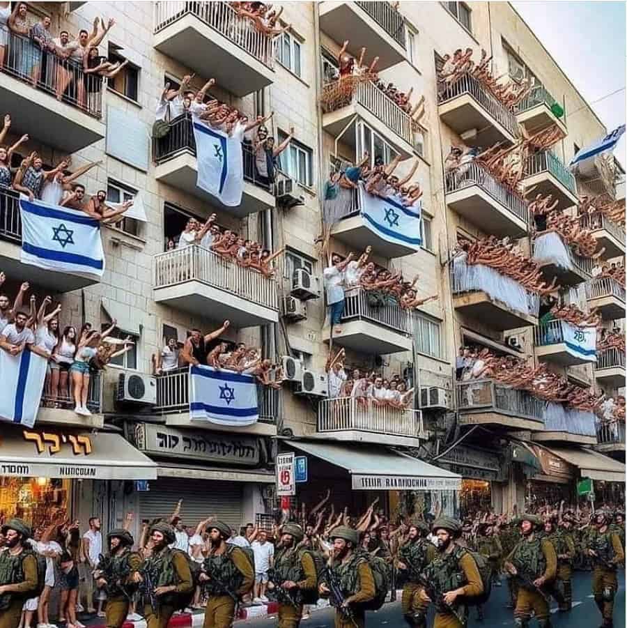 Citizens on balconies of an apartment building cheer and wave national flags, saluting a procession of uniformed soldiers marching on the street below, evoking a sense of national pride and solidarity
