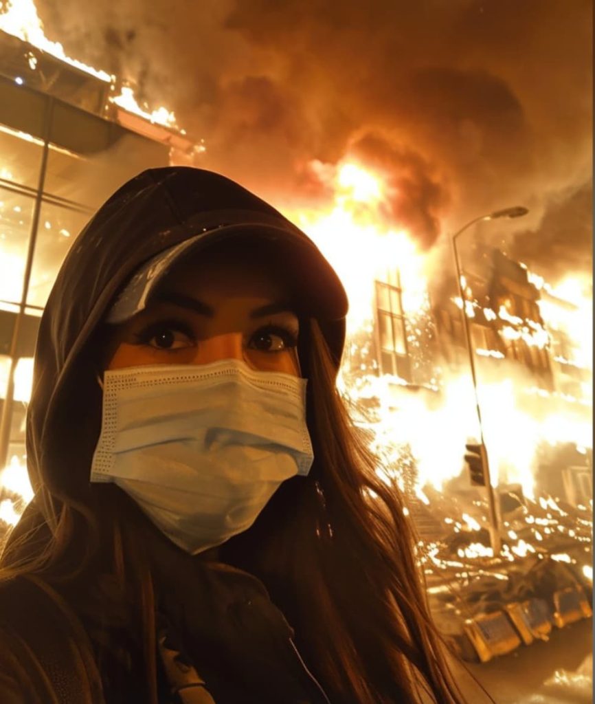 Selfie of a woman with a surgical mask, standing in front of a large building engulfed in flames at night, emphasizing a stark contrast between the calm expression and the chaos behind her